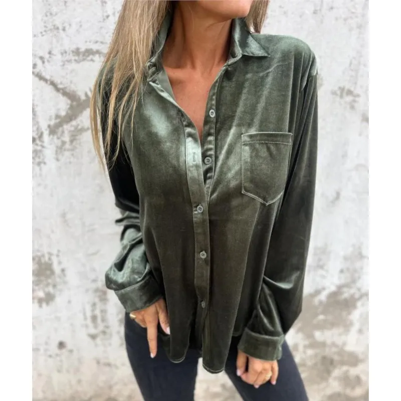 New casual gold velvet shirt 2024 solid color splicing long sleeved single breasted versatile top loose base shirt for women