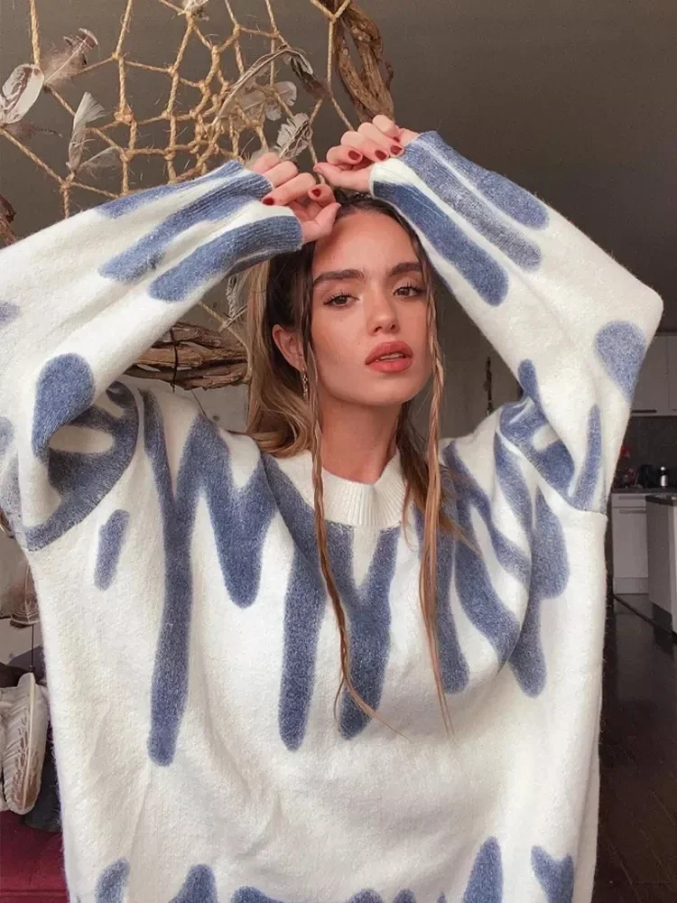 New Tie-Dye Knit Women's Oversize Sweater Pullovers Long Sleeve Y2k Casual 2022 Winter Streetwear Loose Pull Femme Jumper