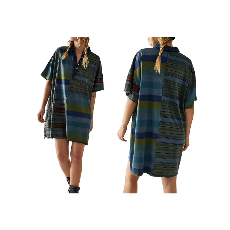 CGS-Women Contrast Striped Babydoll Y2k Summer Patchwork T- Shirt Dress Vintage V Neck Short Sleeve Dress