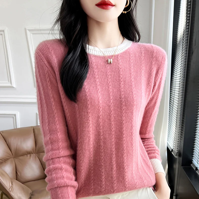 Vertical strip Fall/Winter new 100% Merino wool cashmere pullover Women's O-neck pullover warm bottom knit shirt top