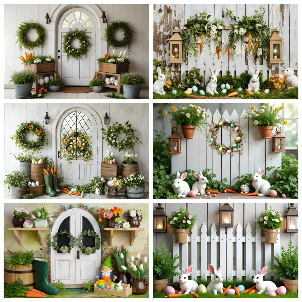 

Spring Easter Backdrop Photography Indoor Wooden Board Green Wreath Rabbit Bunny Eggs Carrot Kids Party Decor Photo Background