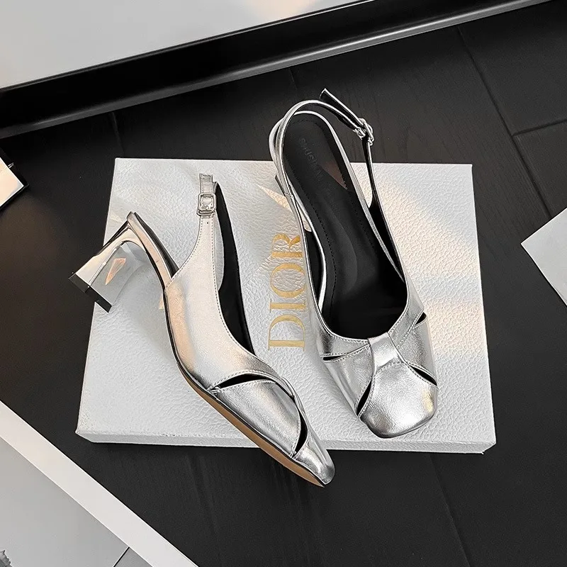 

French Style Silver Leather Sandales à Talons Square Closed-Toe Slingback Shoes Women Back Buckle Strap Tacones Chunky High Heel