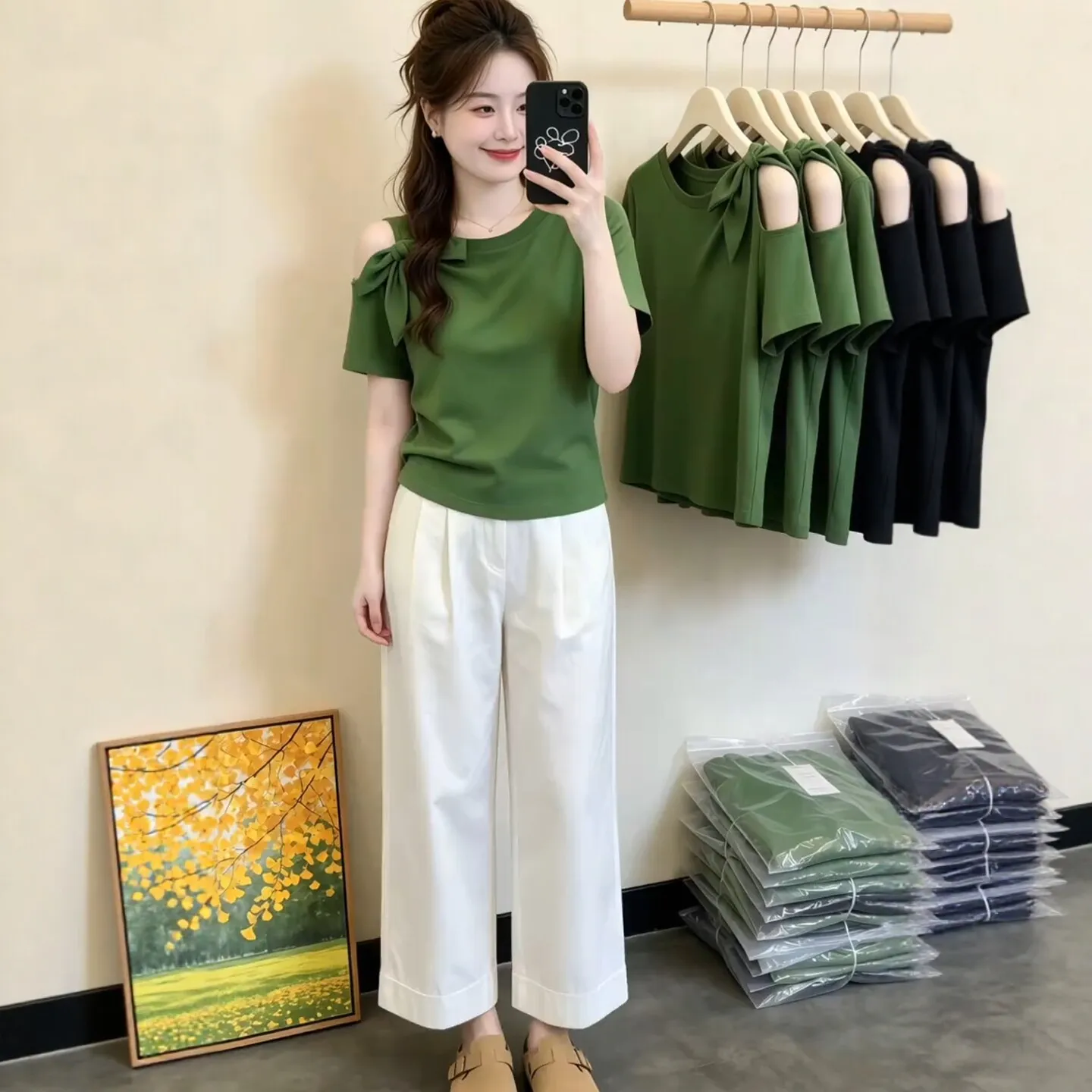 Green Cold Shoulder T-Shirt 2026 Women Bow Detail Asymmetrical Short Sleeve Slim  Chic Lady Casual Summer Streetwear Top Commute