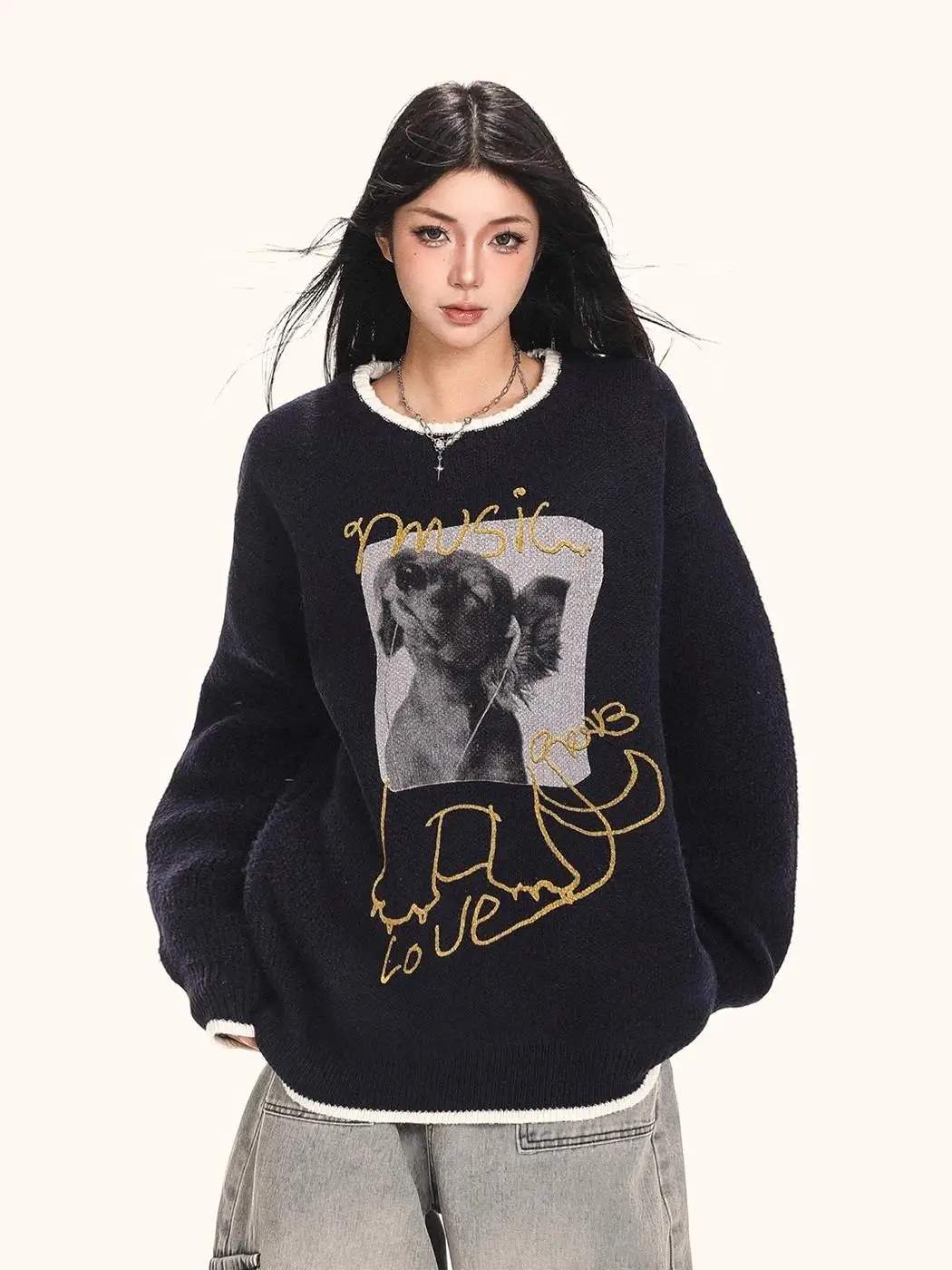 

Американский вязаный свитер в стиле ретро с изображением маленькой собаки, осенне-зимняя новинка, высококачественный универсальный топ для пар