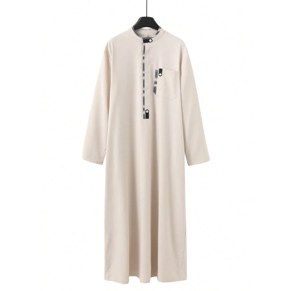 New Muslim Men's Robe Light Grey Elegant Retro Middle Eastern Ethnic Style Printed Button Men's Robe Simple Loose Casual Robe