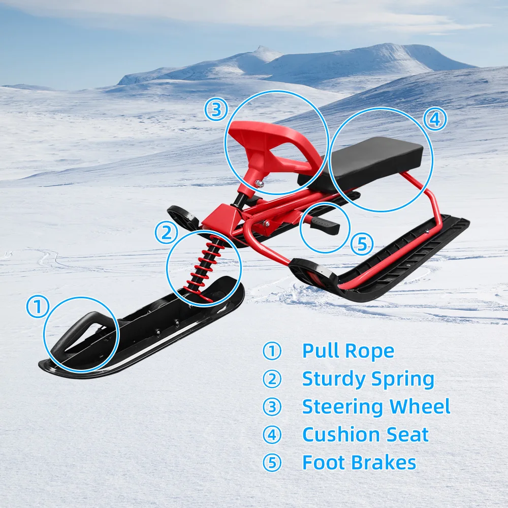 Snow Racer Sled Ski Sled with Steering Wheel and Twin Brakes for Kids Teens and Adults