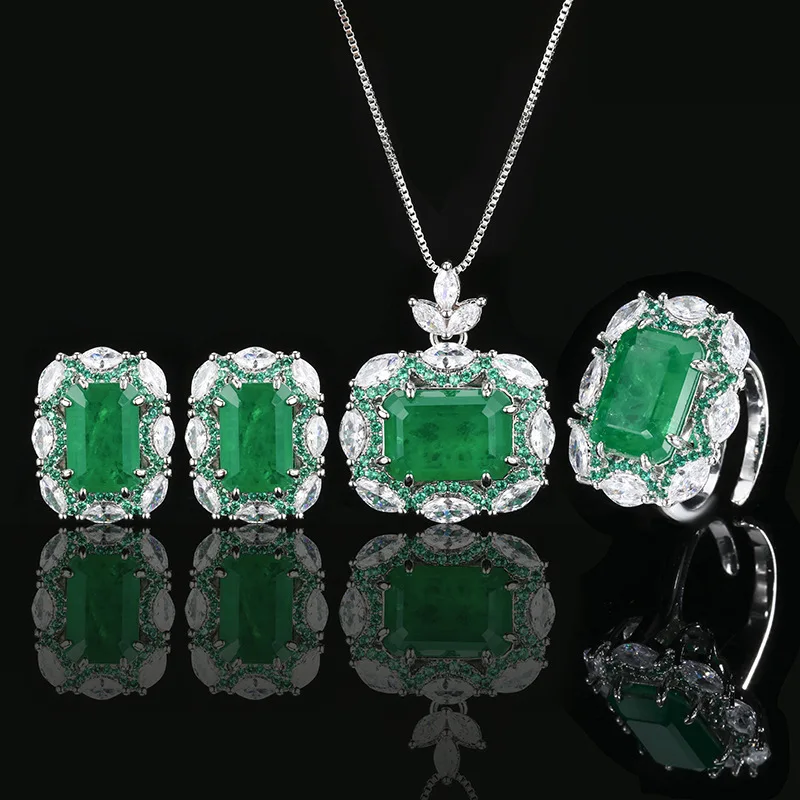 

Sparkling Emerald Cut Green Statement Jewelry Adjustable Ring Necklace Earrings CZ Luxury Wedding Party Accessories for Women