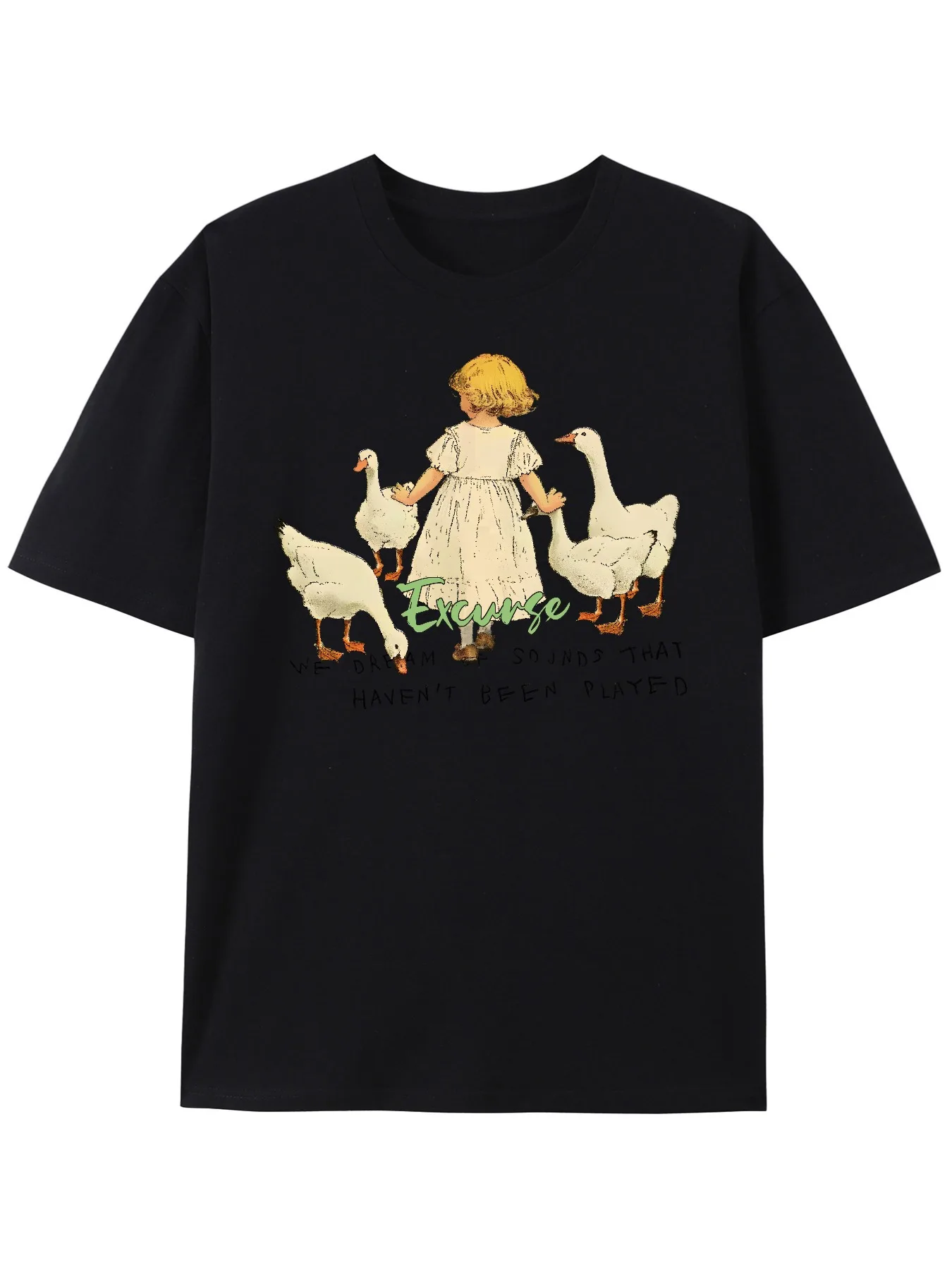 Vintage-Inspired Black T-Shirt With Girl And Geese Graphic - 'Excuse: We Dream Of Sounds That Haven't Been Played' - Unisex Casu