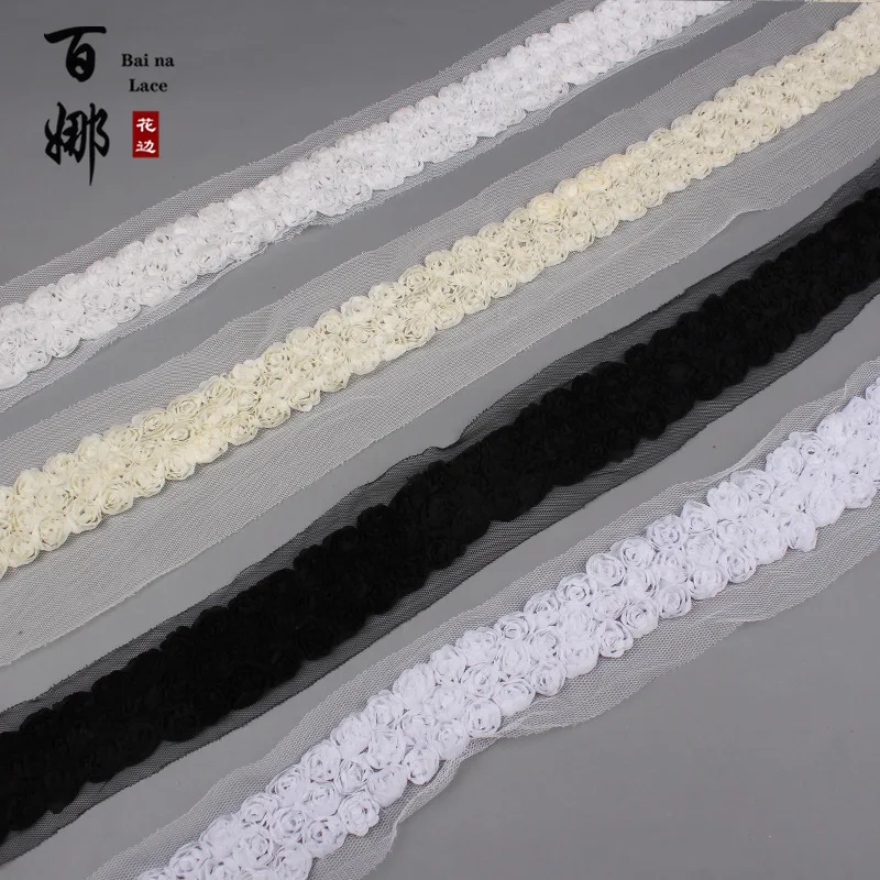 1 Yard 4cm Wide White Ivory Black 3D Handmade Rose Lace Trim Chiffon Flowers  Ribbon Fabric for Wedding Dress  DIY Crafts