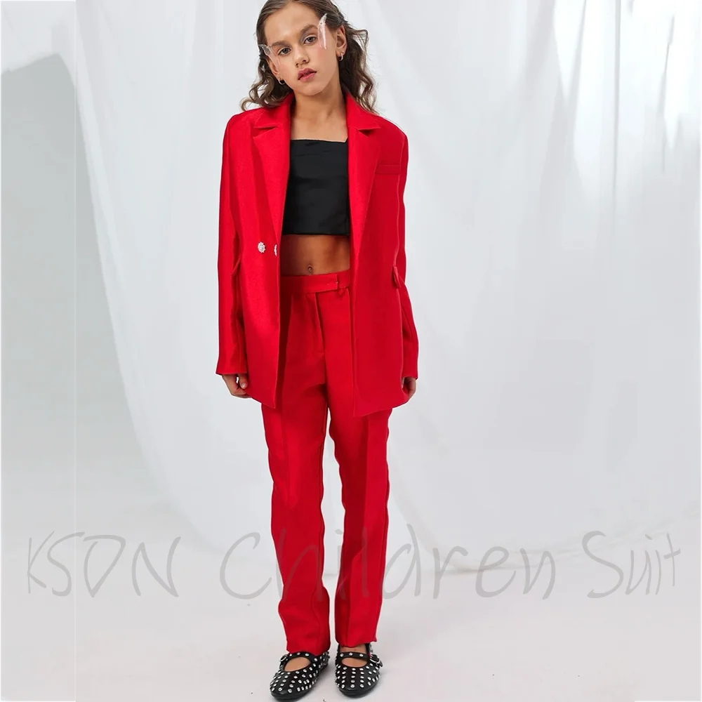 Girls Bright Red Two Piece Suit Notched Lapel Blazer Pants Custom Made Stage Show Birthday Kids Fashion Outfit Set High Quality