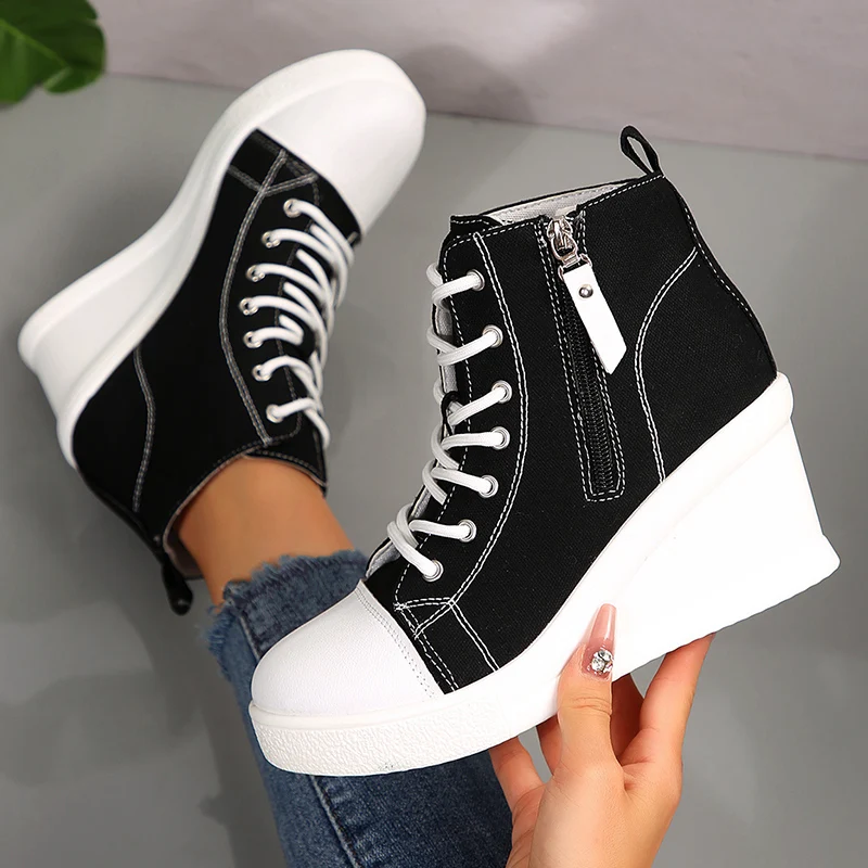 Zapatillas de lona negras de alta calidad, zapatos para mujer, plataforma clásica, Tacón de Cuña, zapatos casuales, botines con cordones y cremallera a la moda para mujer