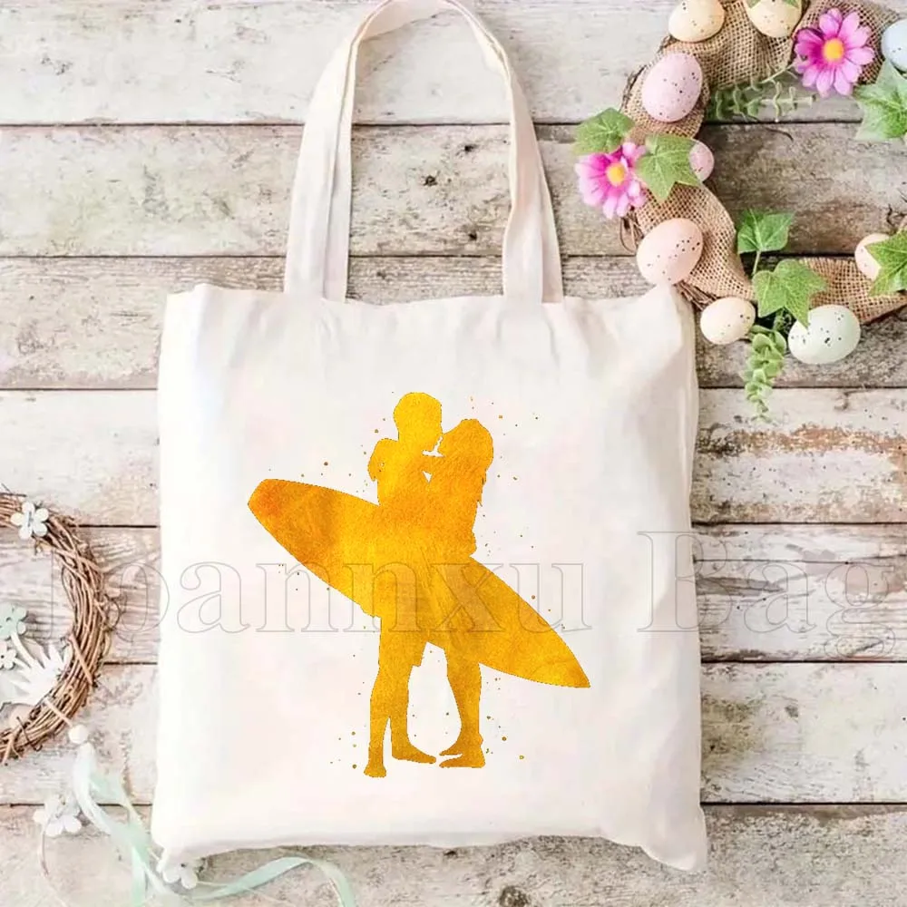 Watercolor Surfer Girl Man Surf Surfing Lover Cute Gifts Cotton Shoulder Bag Harajuku Shopper Bag Cotton Casual Tote Shopper Bag