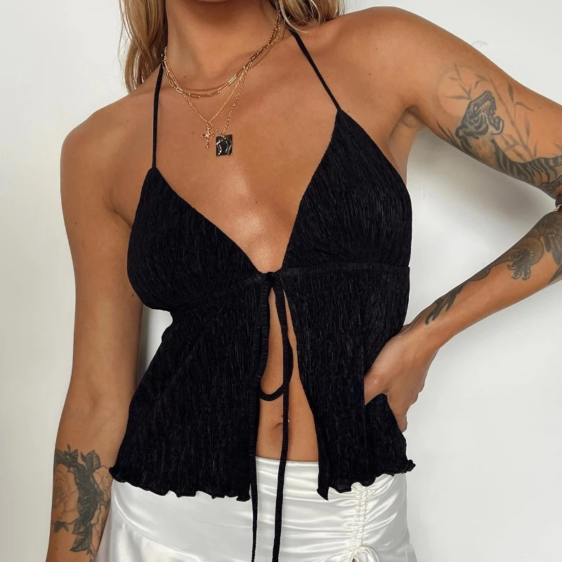 

2025 Summer New V-neck Top Sexy Backless Shirt Pure Cotton Lace up Vest for Women