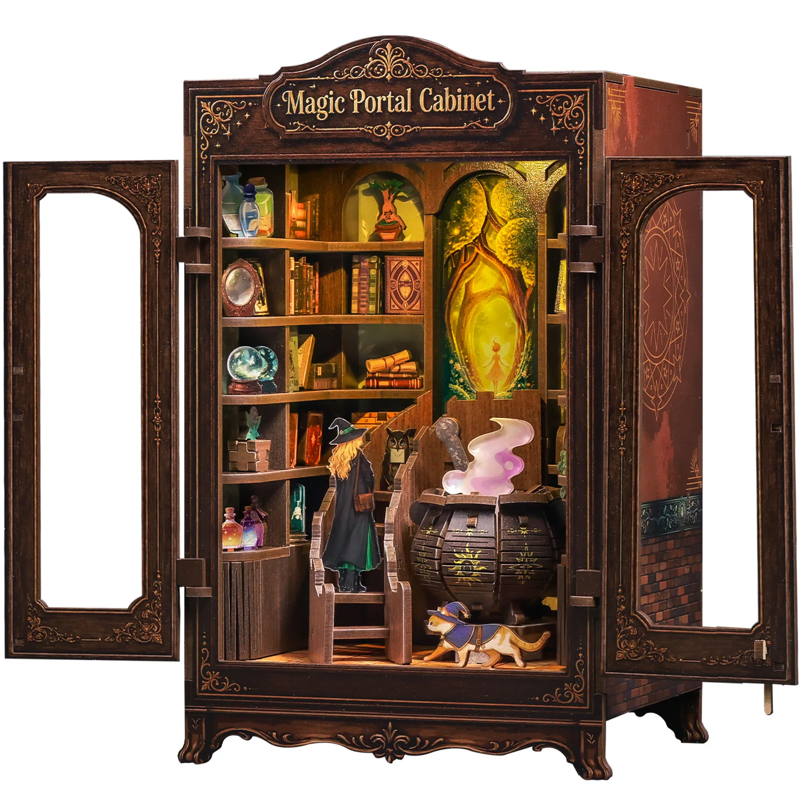 Fsolis Magic Portal Cabinet DIY Miniature House 3D Wooden Dollhouse Booknook Puzzle for Adults Bookshelf Insert Room Decor gifts