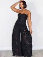 Female Clothing Elegant Sets V Neck Lace Sexy Strapless Crop Top and Wide Leg Pants Set Women Hollow Out Summer Two Piece Set - Image 5