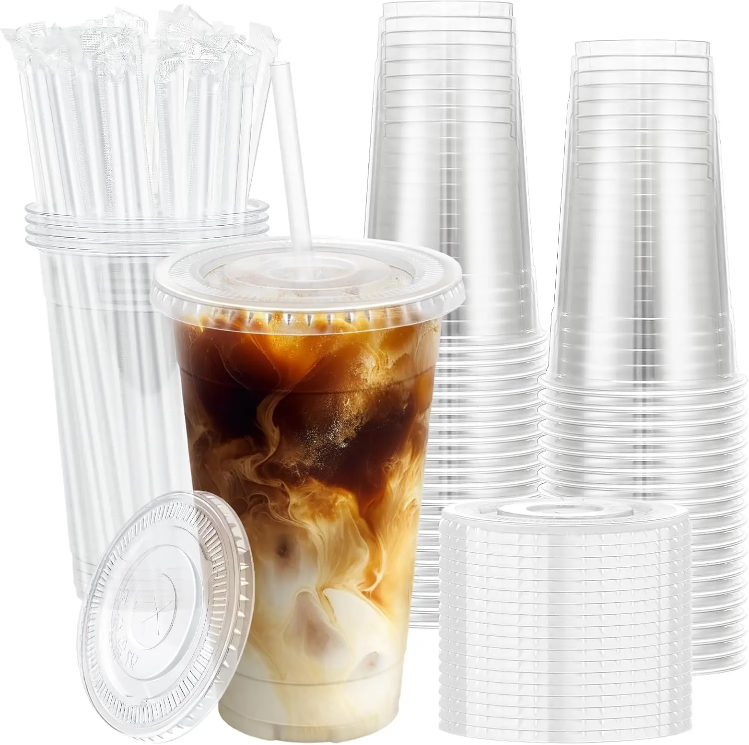 

100 Pack 20 oz Clear Plastic Cups with Lids and Straws, Disposable Iced Coffee Cups with Lids for To-Go Cold Drinks, Smo