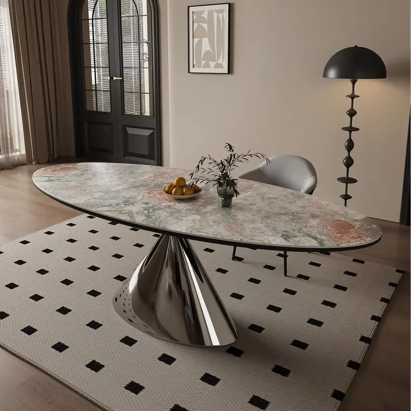 Italian Modern Minimalist Oval Dining Table Stainless Steel Legs Marble Top Eco-Friendly Durable Handmade 6 Home Furniture