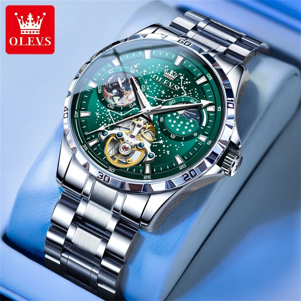 

OLEVS 6689 Classic Men's Mechanical Watches Hollowed Flywheel Moon Phase Luminous Automatic Waterproof Wristwatch For Men