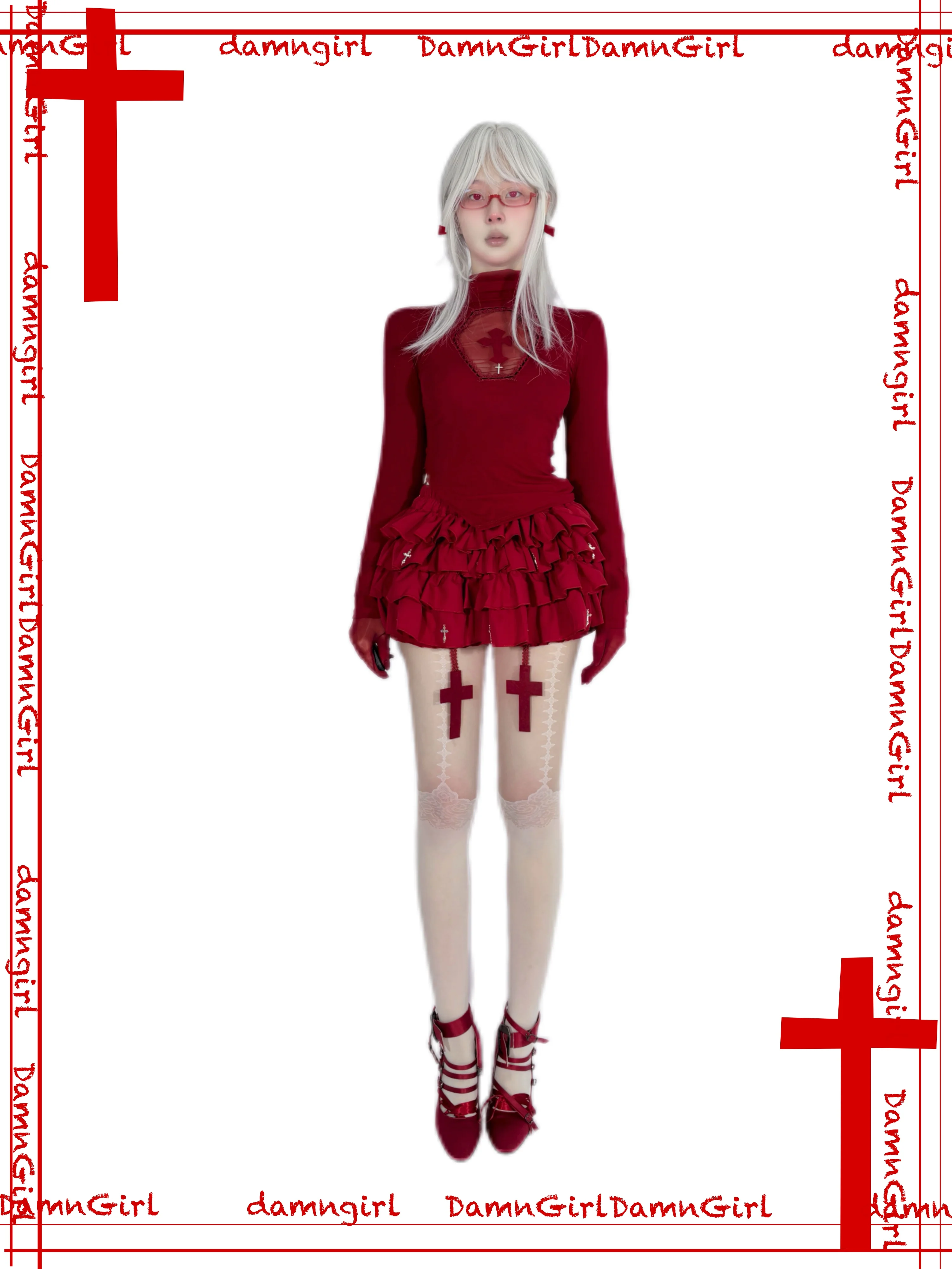 Original Design Women Girls Bloody Red Cross Print Red Wine Shirt Gothic Hollow Out Stretch Turtleneck Slim Tshirt Tee Tops