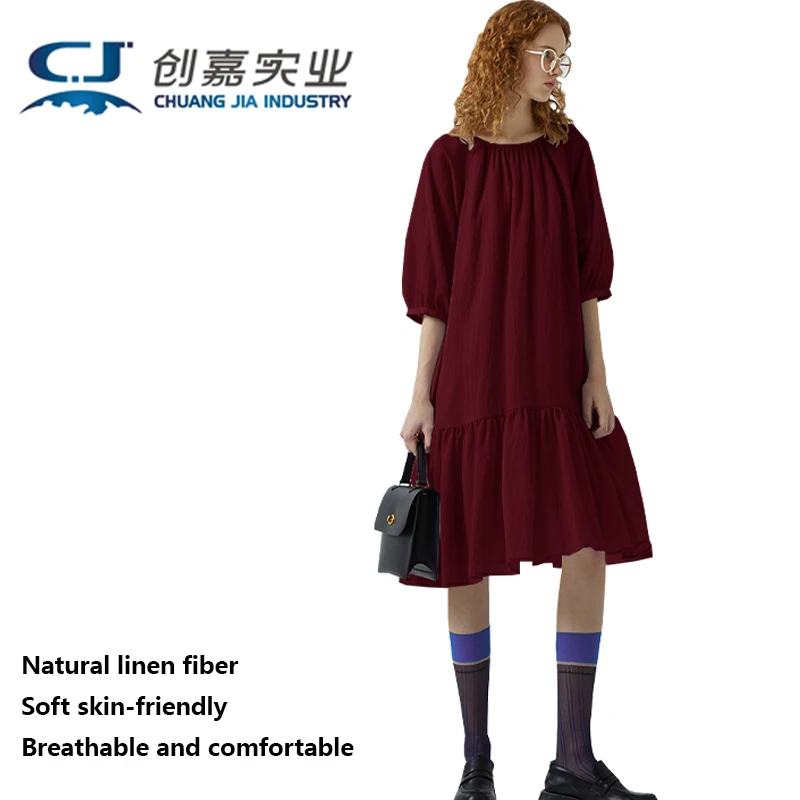 High-end Linen Women's Dress Light Purple Seven Points Lantern Sleeve Round Neck Pullover Skirt Youth Fashion Comfortable Dress