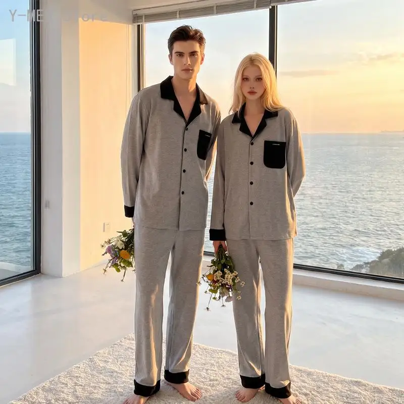 Women Couple Pajamas Autumn Winter Dralon Long Sleeve Long Pants Simple Soft Skin Friendly Warm Two Piece Homewear Sleepwear