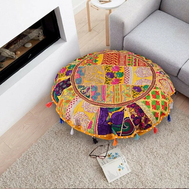 

Cushion Cover Patchwork Round Floor Decorative Yellow 18x18" Indian Handmade Cushion Cover