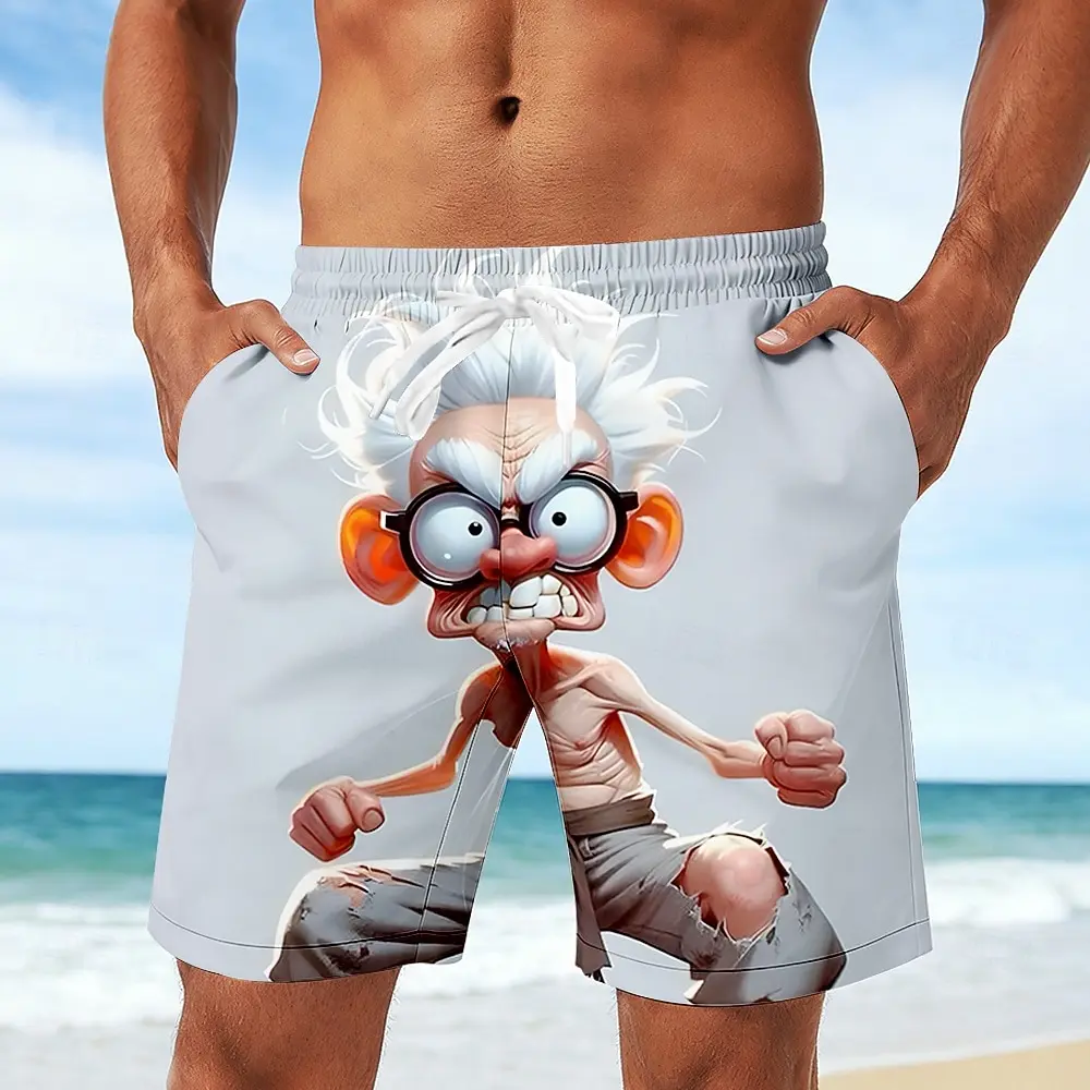 

Men's Mid Waist Retro Cartoon Funny Old Man Shorts Drawstring Elastic Waist Side Pockets Daily Vacation Casual Wear Summer