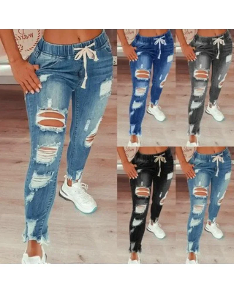 Women Drawstring Elastic Waist Skinny Jeans Ripped Distressed Frayed Hem Denim Pants Casual Slim Fit Jogger Denim Trousers view 3