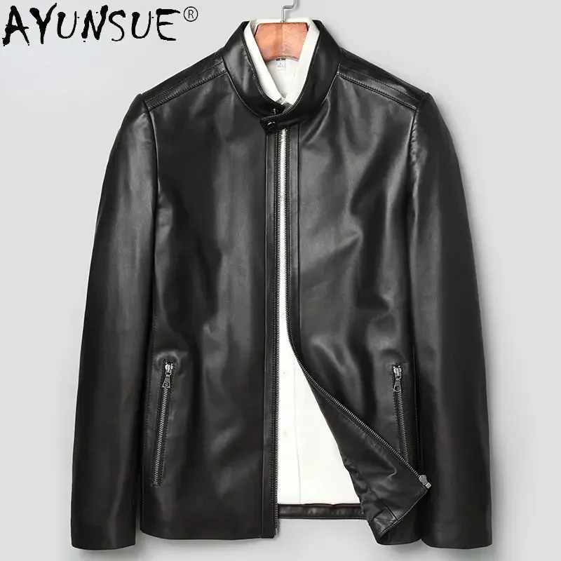 Spring Genuine Leather Coat Men Pure Sheepskin Stand Collar Casual Short Jacket Single Natural Business Coats FCY4749