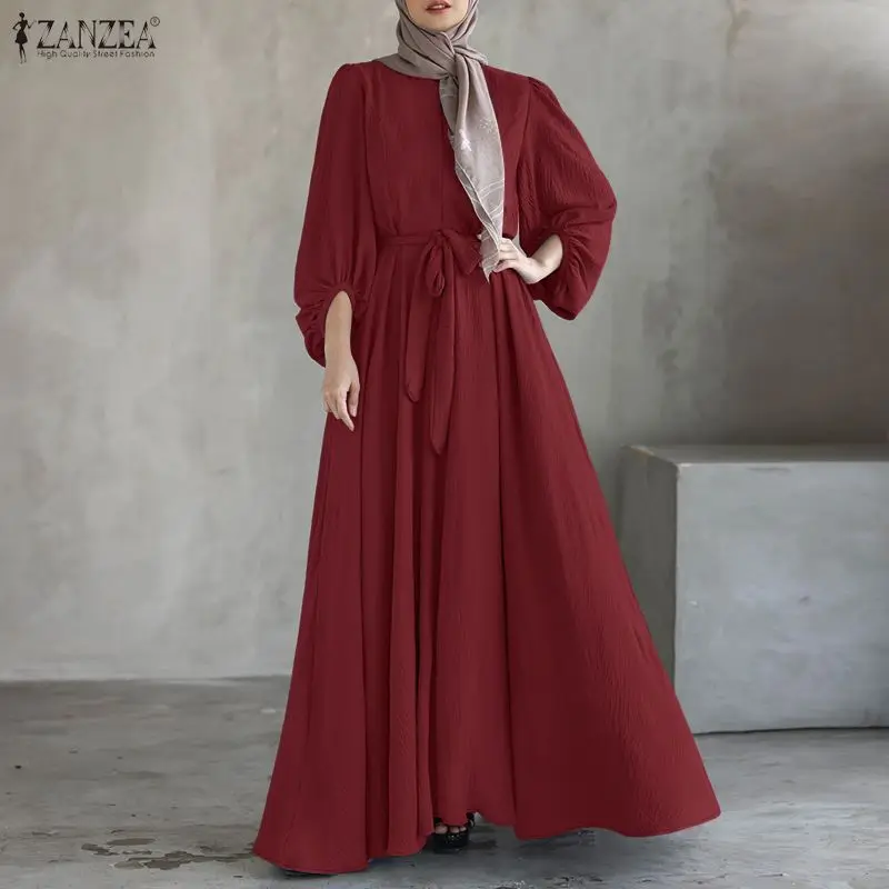 

ZANZEA Women Modest Maxi Dress O-Neck Lantern Sleeve Sashed Loose A-Line Abaya Robes Muslim Islamic Hijabis Eid Ramadan Kaftan