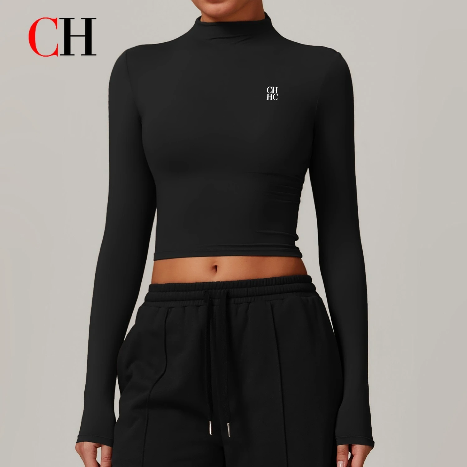 CH Westeuropäisches Schnelltrocknendes Fitness-Sport-Langarmshirt mit hohem Kragen, eng anliegende Oberbekleidung, vielseitige Langarm-Yoga-Kleidung