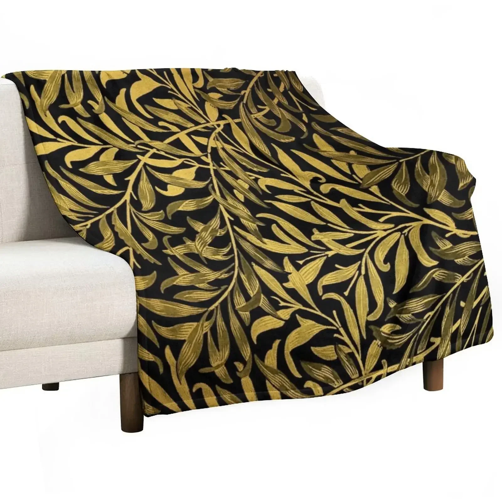 

William Morris Vintage Black and Gold Leaves Pattern Throw Blanket Decorative Beds Kid'S Quilt Blankets