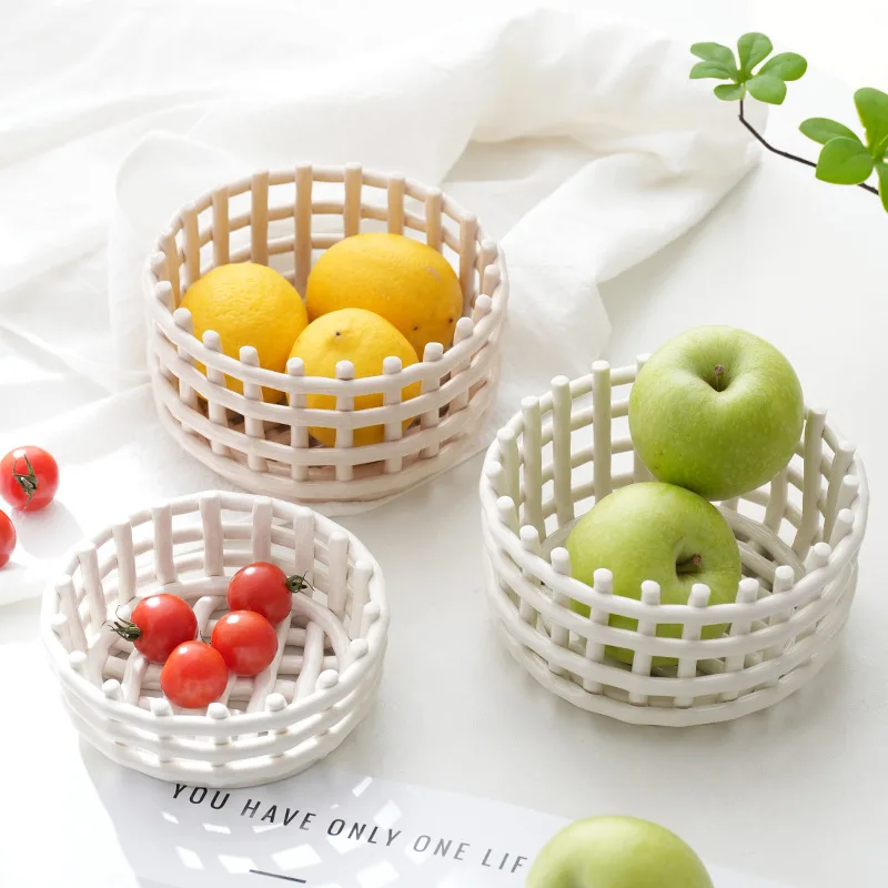 Ceramic Woven Storage Basket Fruit Bowl Kitchen Bathroom Drain Rack Decorative Basket Home Living Room Snack Plate