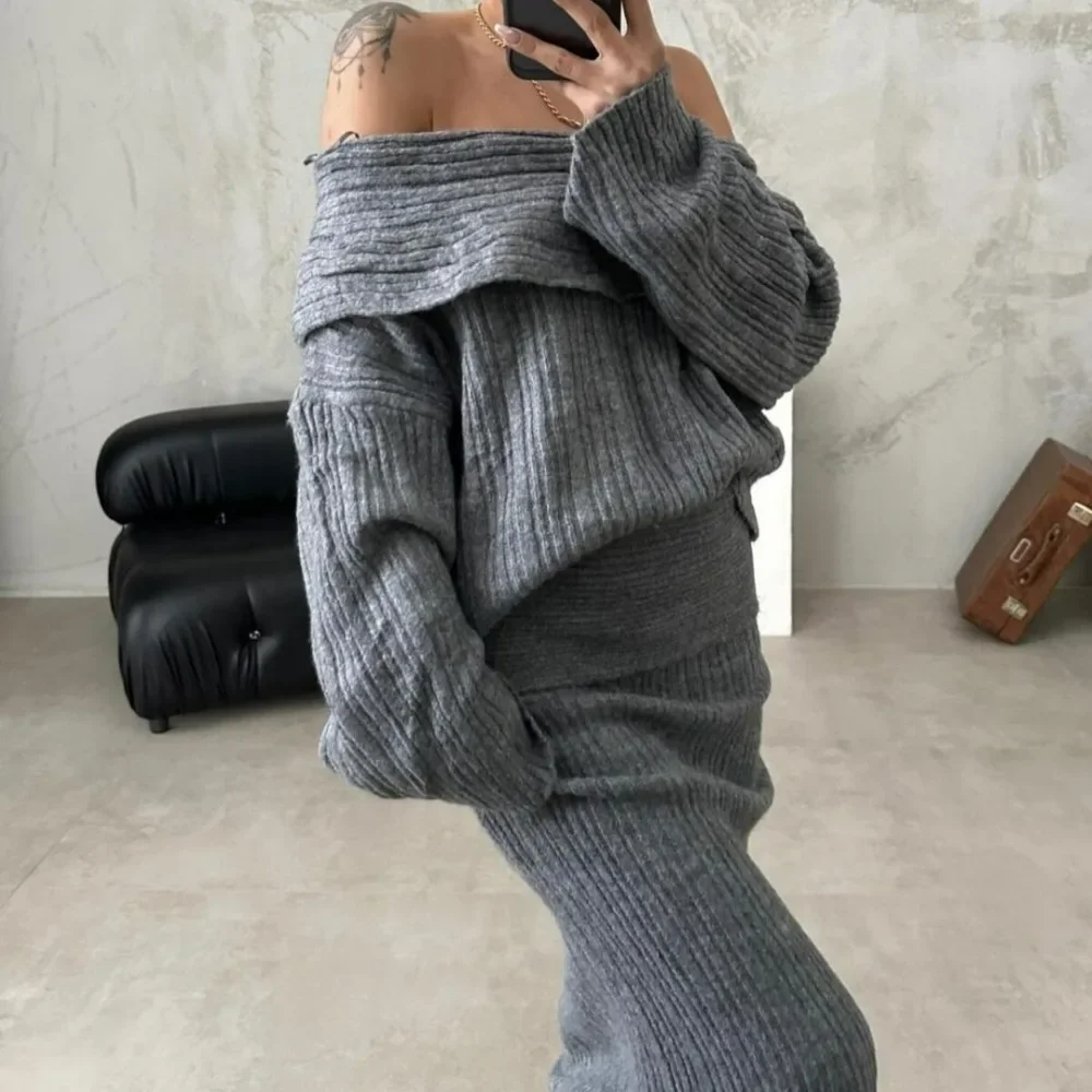 Autumn Winter Knitted Skirt Sets Women Sexy Off The Shoulder Sweater and Maxi Skirt Outfits Elegant Solid Two Piece Set 2024