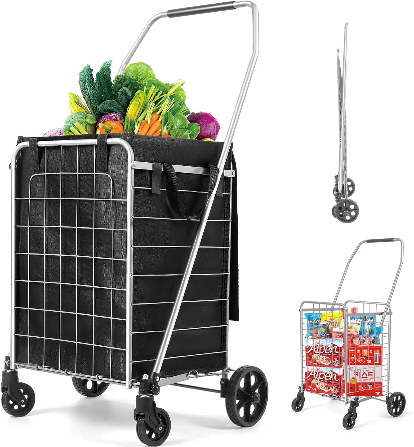 

Shopping Cart with Waterproof Liner, Heavy Duty Collapsible Utility Cart with Wheels for Storage, Laundry, Luggage, Comp