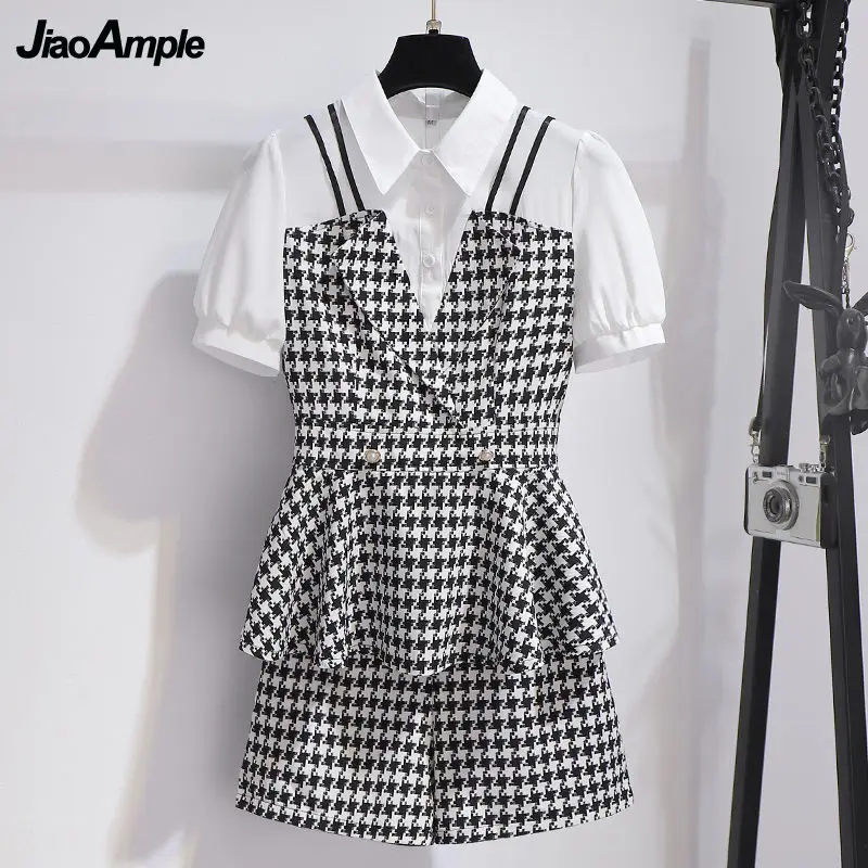 

Women's Summer Graceful Plaid Patchwork Shirt Shorts 1 or 2 Piece Set Korean Office Lady Casual Fashion Tops Pants Outfits 2022