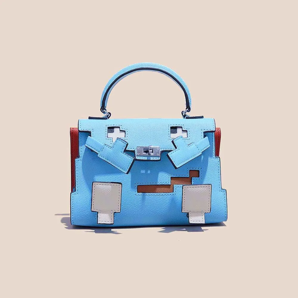 

Genuine Leather Mosaic Doll Lady Bag Niche Design Handbag Cartoon Pattern Mini Shoulder and Crossbody Bag