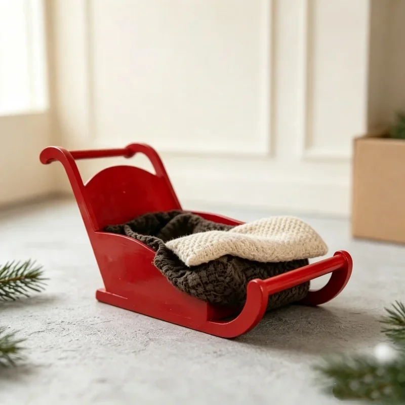 Bright Red Wood Sleigh Shooting Accessory Holiday Themed Carriage Prop For Studio Portrait Photoshoot Scene Posing Decoration