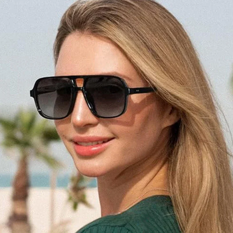 

SO&EI Retro Double Bridges Square Women Sunglasses Fashion Blue Green Shades UV400 Trending Men Rivets Leopard Sun Glasses