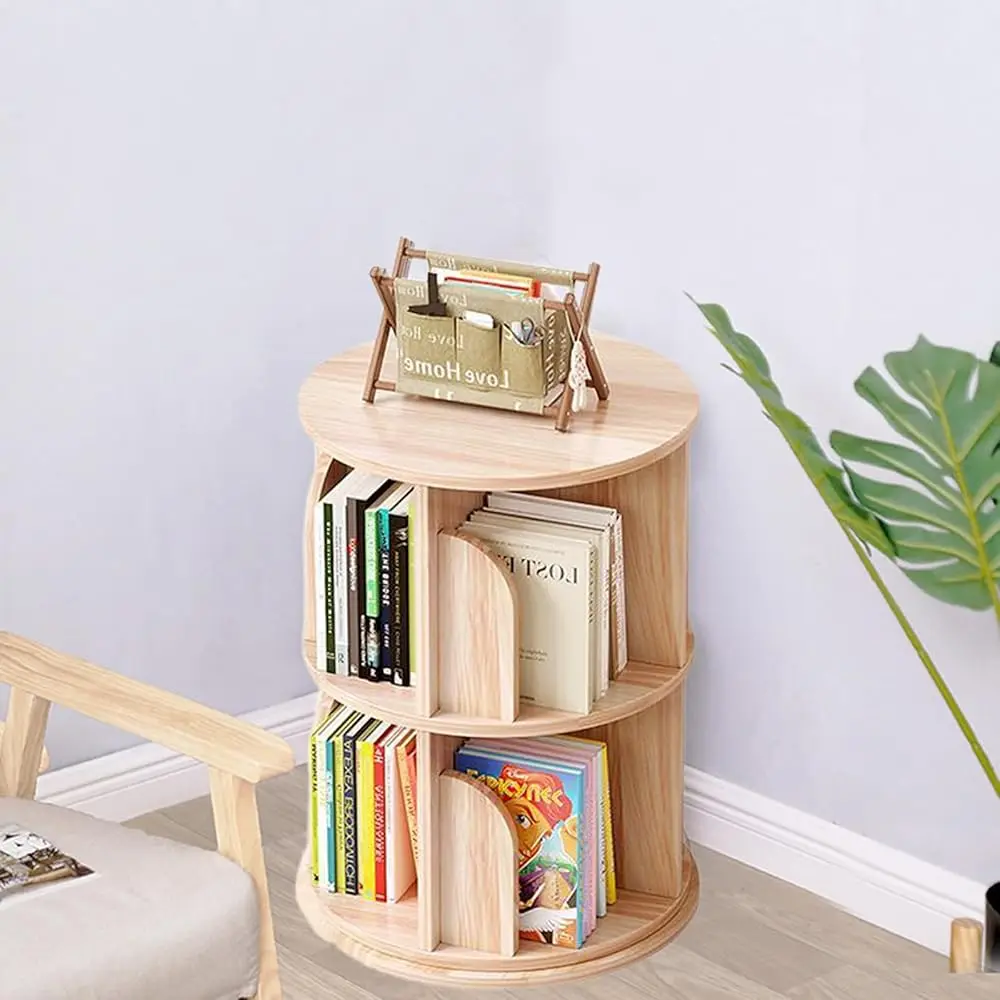 

Wood Bookshelf Office End Table,2 Tier Nightstand With Storage Shelf,Rotating Side Table,Circle Nightstands For Bedroom,Modern