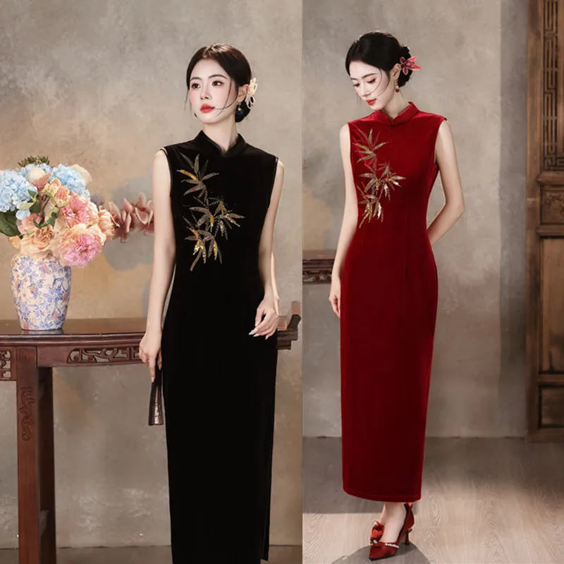 Black Velvet Beaded Cheongsam 2026 New Autumn Winter New Chinese Style Sleeveless Improvement Old Shanghai Qipao Dress