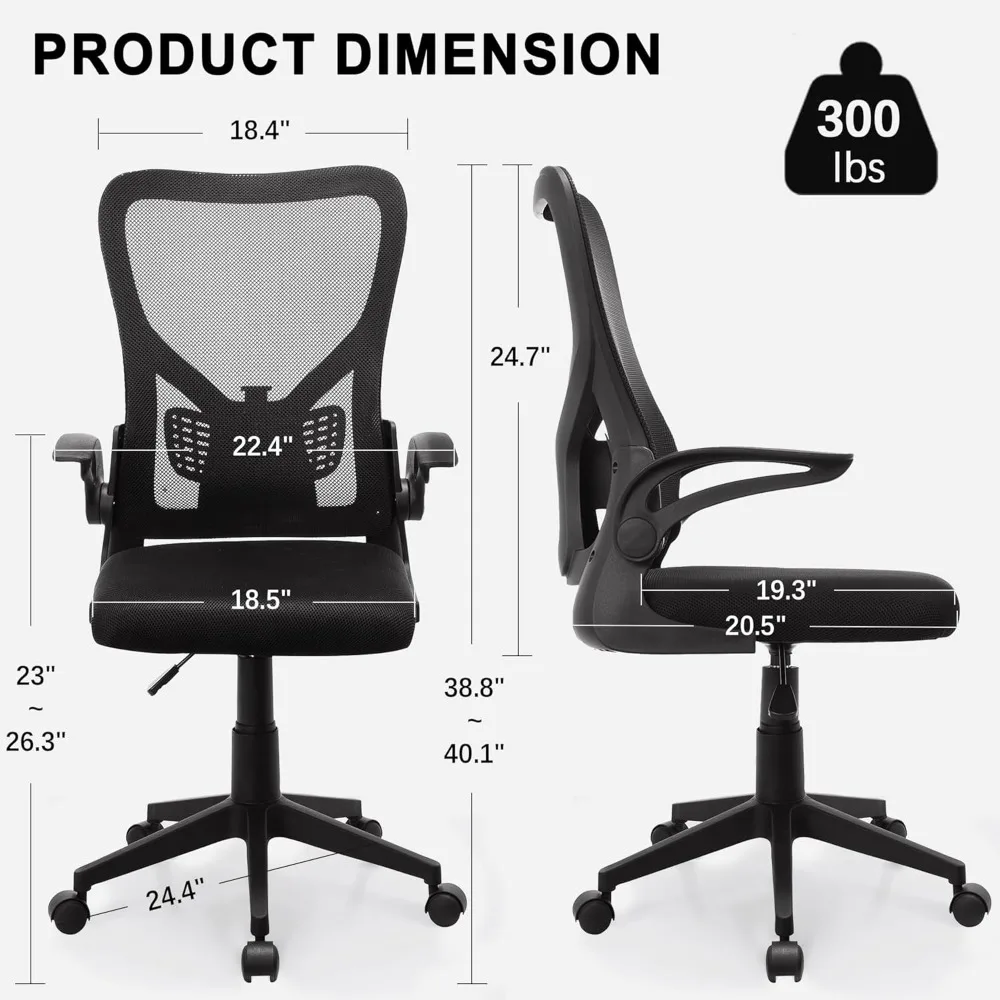 Mid-Back Mesh Ergonomic Office Chair with Flim-up Armrests, Breathable Lumbar Support, Swivel Wheels