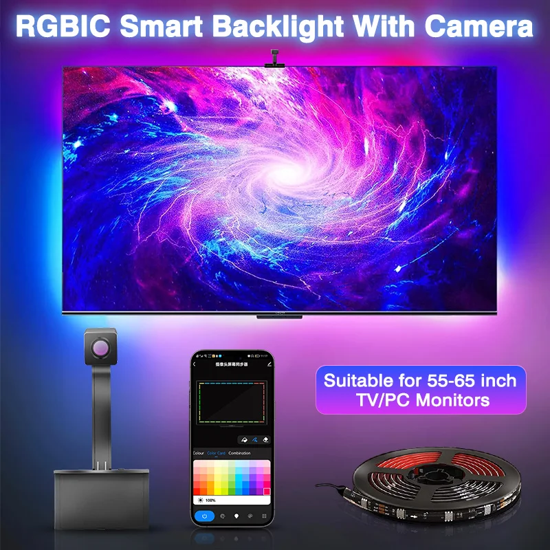 Smart LED Backlight with Camera for 55-65 inch TV/PC Screen LED Strip Light Sync to Screen & Music RGBIC Work with Alexa Google