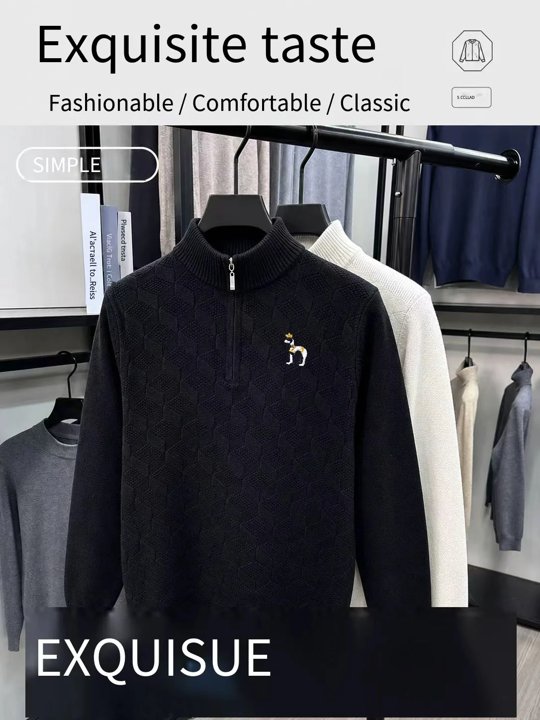Premium Herren Langarm-Strickpullover mit Stehkragen, Reißverschluss und Hundestickerei, Herbst-Winter Neuheit, Freizeit-Pullover, Gemütlich und Vielseitig – Detail 2