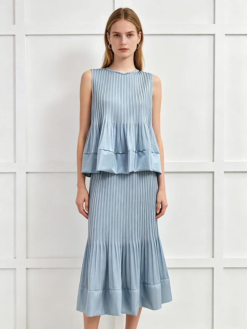 

2 Piece Pleated Outfit Women Sleeveless Ruffle Tank Top Midi Flare Skirt Set Solid Blue Casual Summer Two Piece Dress Suit