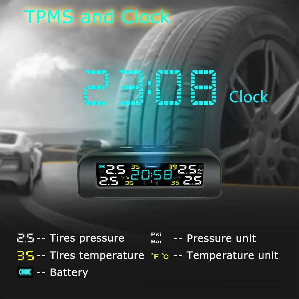 

Automobile Tire Pressure Alarm Safety Automatic Detection System With Internal and External Wireless Solar Tire Pressure Monitor