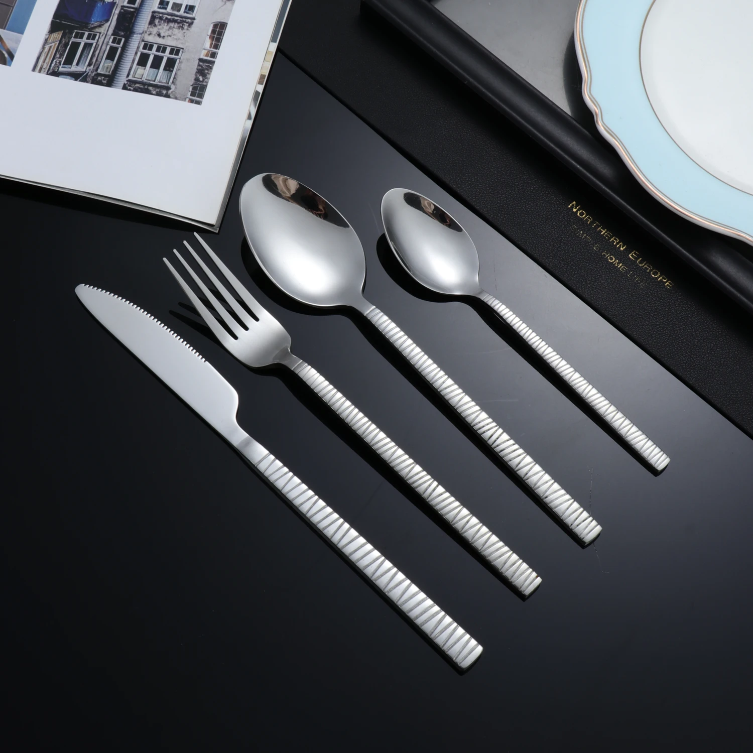 4/24pcs Western style stainless steel tableware set, thickened silver tableware, steak and burger tableware, thickened