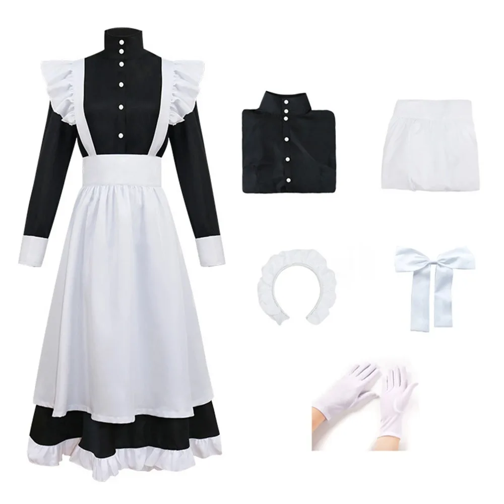 

Classic Black White Maid Costume Cute Bowknot Lolita Dress for Men/Women, British Style Halloween Cosplay, Party Suit with Apron