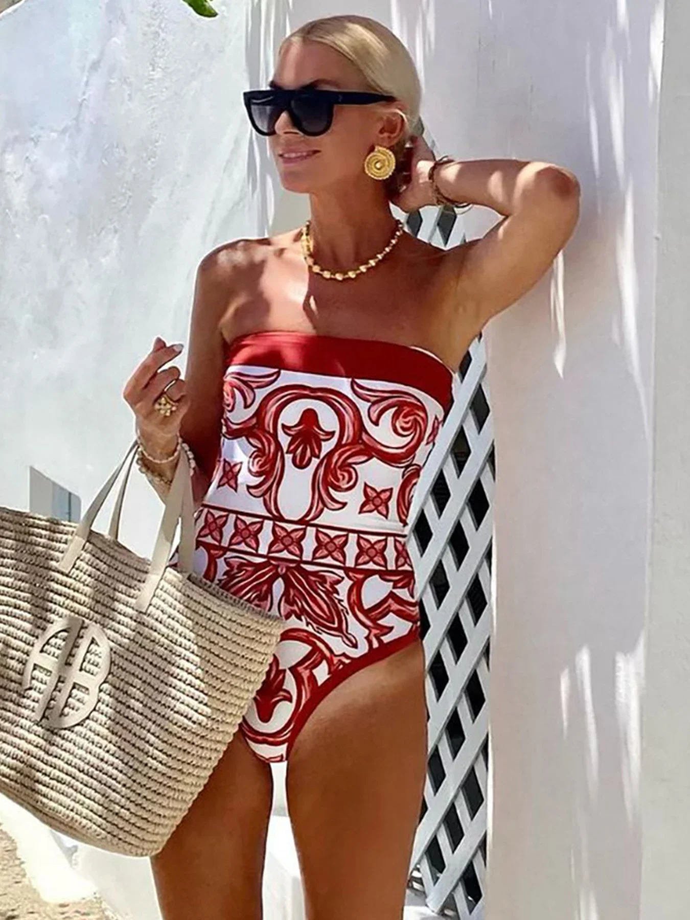 2024 New Ethnic Style Printed One Piece Swimsuit For Women Swimwear And Beach Sarong High Waist Bathing Suit Beachwear Monokini