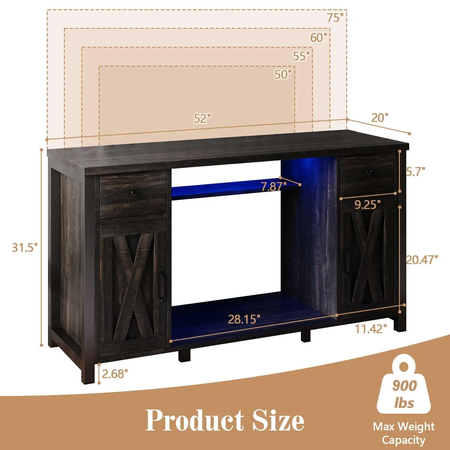 55-75 Gallon Fish Tank Stand, Aquarium Stand with Storage, Dark Oak